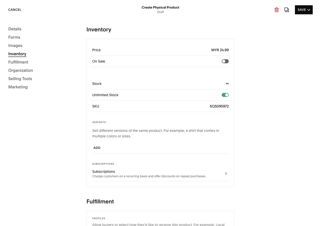 Product editor showing variant options, pricing, and inventory fields